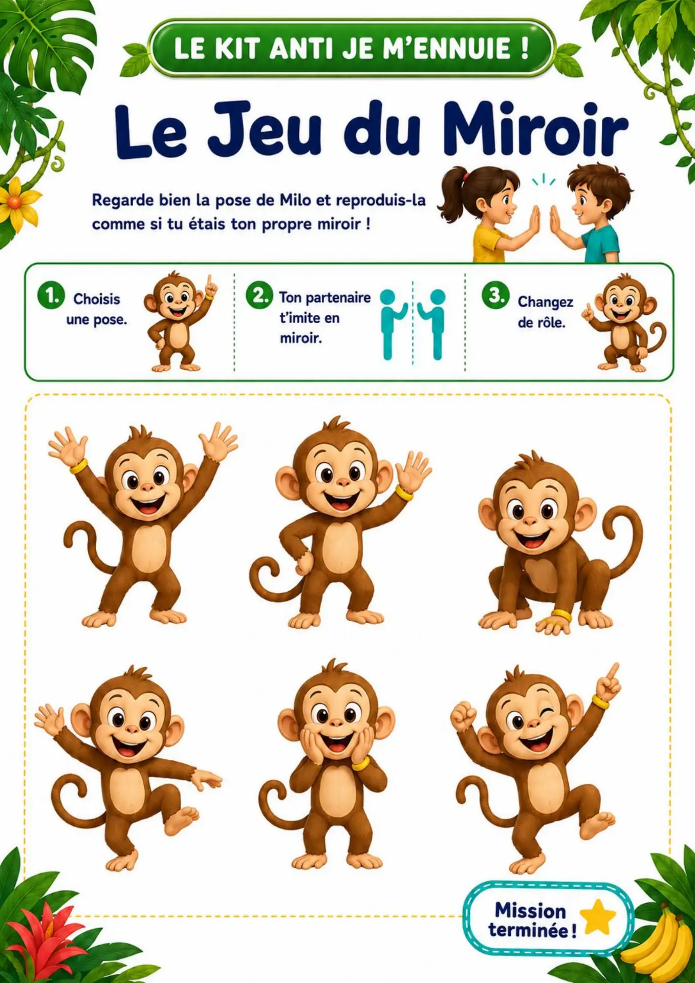 Page d'activité : le jeu du miroir avec Milo le singe